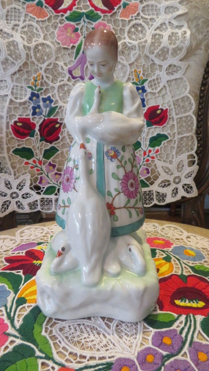 Herend girl with geese hand painted porcelain figurine Hungary | eBay