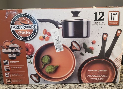 Farberware Glide 12 pc Cookware Set Black Copper Ceramic Nonstick Pots and Pans - Picture 3 of 12