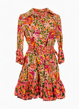 FARM Rio Painted Bananas Belted Button Front Mini Shirt Dress Pink Floral M