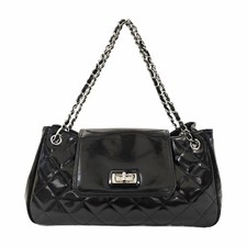 CHANEL Black Quilted Shoulder Bag Chain Strap Turn Lock Silver Hardware