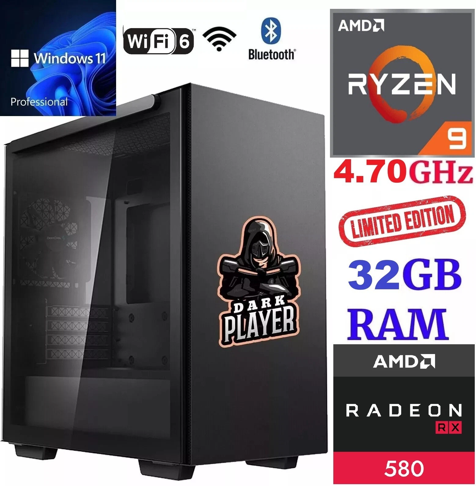 special edition Ryzen 9 32GB RAM RX 580 Gaming PC 1TB M.2 SSD WIFI BT WIN 11 Pro - Picture 6 of 6