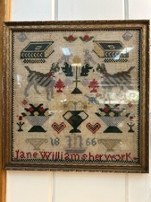 Antique Needlepoint Sampler 1866 Jane Williams Framed Dog Bird Cat Heart Bible