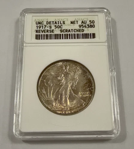 1917-D Reverse ANACS UNC Details Net AU50 Walking Liberty Half Dollar