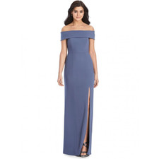 DESSY 3030 CUFFED OFF-THE-SHOULDER TRUMPET GOWN Silverstone Blue Gray Size 4 New