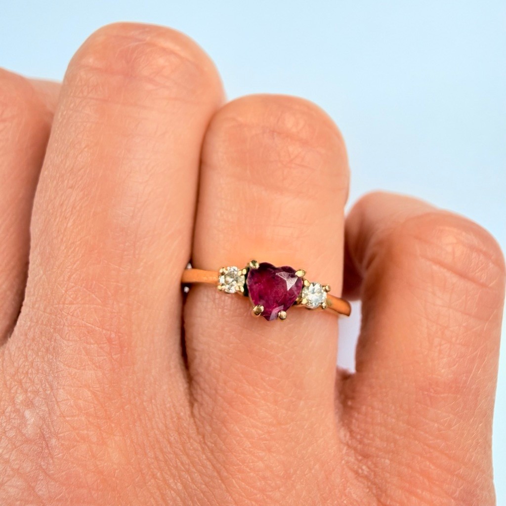 14K Solid Yellow Gold Red Genuine Ruby Heart & Di… - image 8