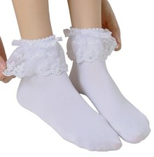 Lace Ruffle Socks for Women, Girls Lace Frilly Socks, White-1 Pairs pearl Lace