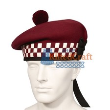 Scottish Military Balmoral Bonnet   Maroon Wool Hat w/ Red-White Dicing  Pom Po