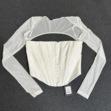 White Fox Notice Me Bustier Corset Top Womens XS White Satin Mesh Long Sleeve
