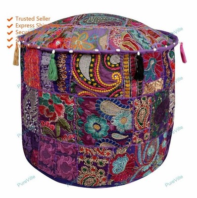 Boho Bohemian Floral Pouf Cover Ottoman Ethnic Decor Indian Pouffe Foot Stool