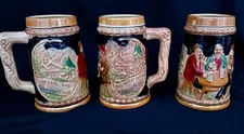 Set of 6 Japanese Beer Mug Steins Mid-20th Century 3 Men Drinking Beer at Table