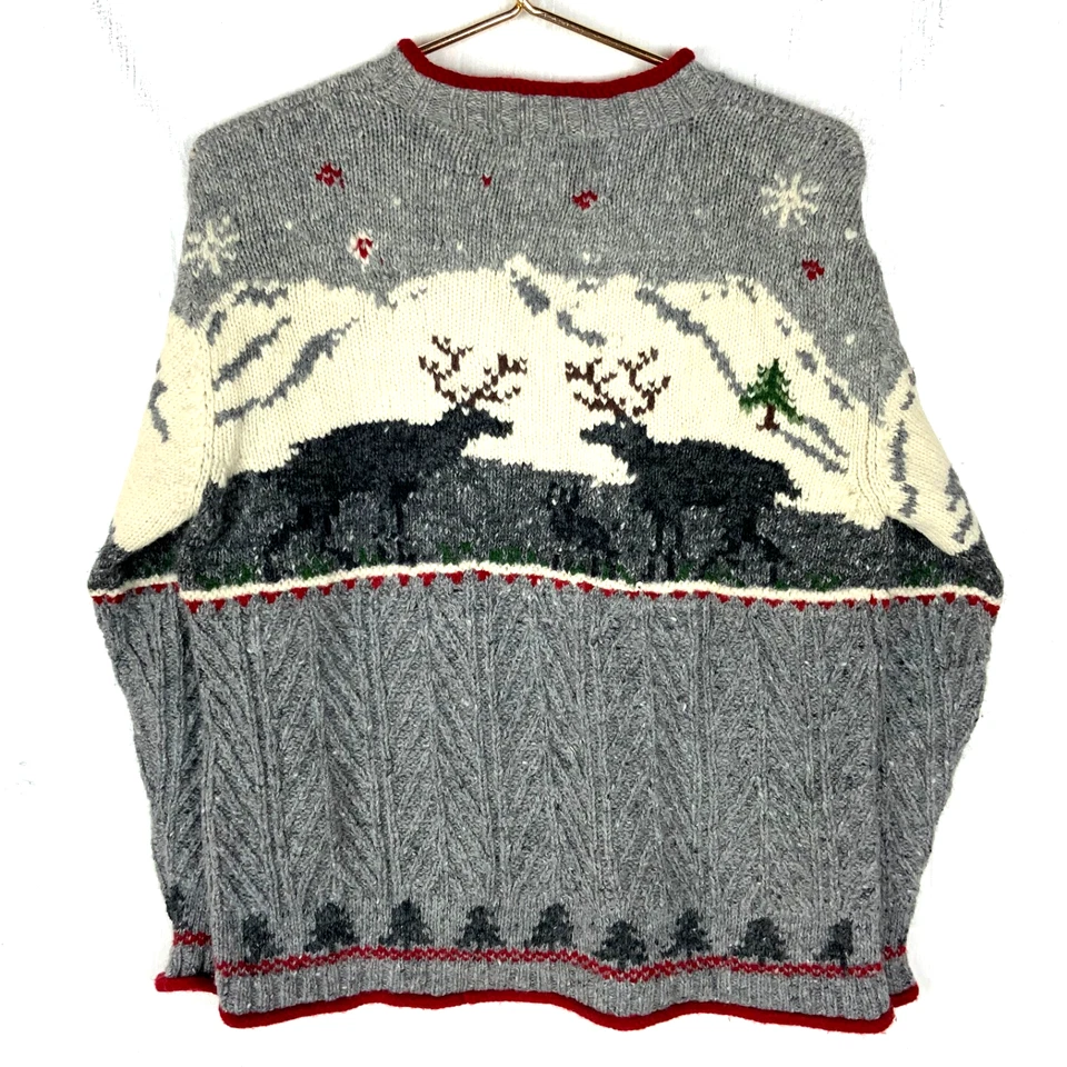 Suéter tejido a mano de lana abuela vintage de los años 90 para mujer gris medio cuello redondo ciervo Foto 2 de 3