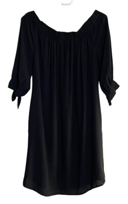 DECJUBA Black Off Shoulder Peasant Dress Tie Sleeve Relaxed Boho Womens S