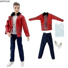 Red Leather Fashion Motorcycle Clothes Set For 12" Boy Doll Outfits Jacket Shoes