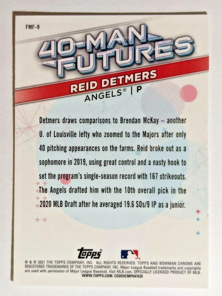2021 BOWMAN CHROME 40-MAN FUTURES REID DETMERS FMF-9 (J) - Image 2 of 2