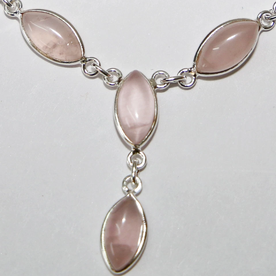 Quarzo Rosa Argento Collana 925 Collier 40cm Catena 6 Cabochon Pietre Preziose - Immagine 4 di 4