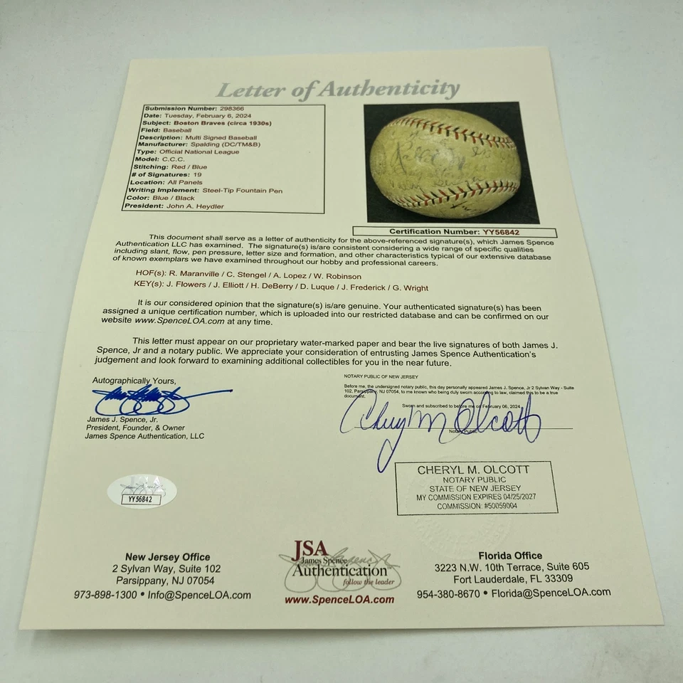 Wilbert Robinson & Rabbit Maranville 1930 Boston Braves Signed Baseball JSA COA - Image 3 of 4