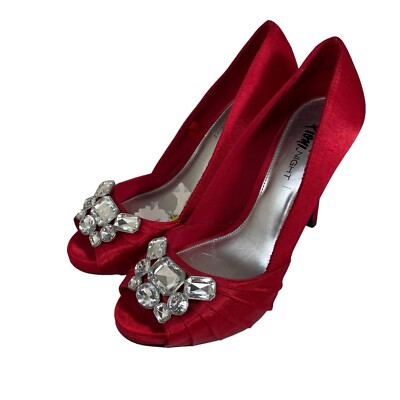 Fioni Night Stiletto Heels Women's Size 6.5 Peep Toe Red Satin Rhinestones