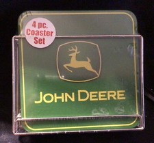 Ensemble de sous-verres à dos de liège étain John Deere dans son support neuf Tin Box Company