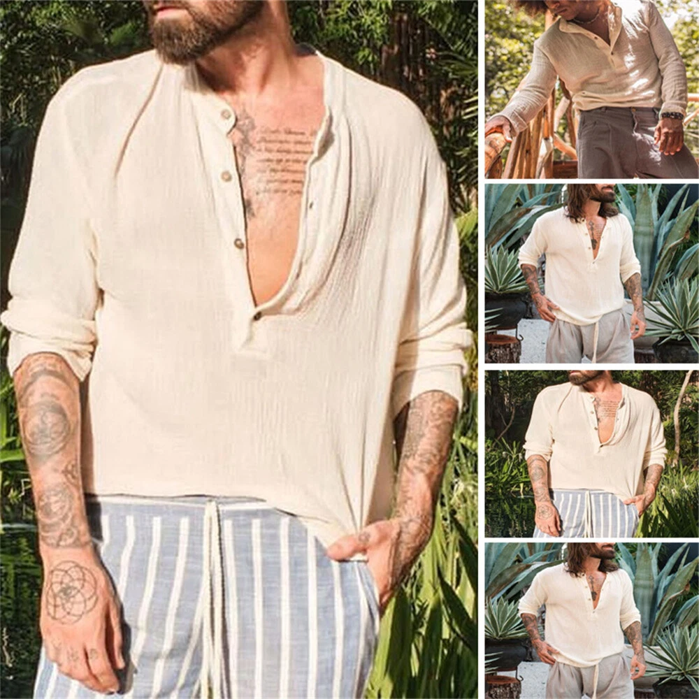 Men s Casual Linen Button Down Shirt Long Sleeve Beach Shirt Solid