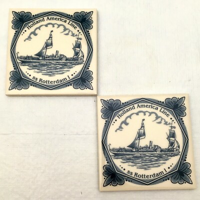 Two Holland American Line Delft Porcelain Tile SS Rotterdam I Souvenir Coasters