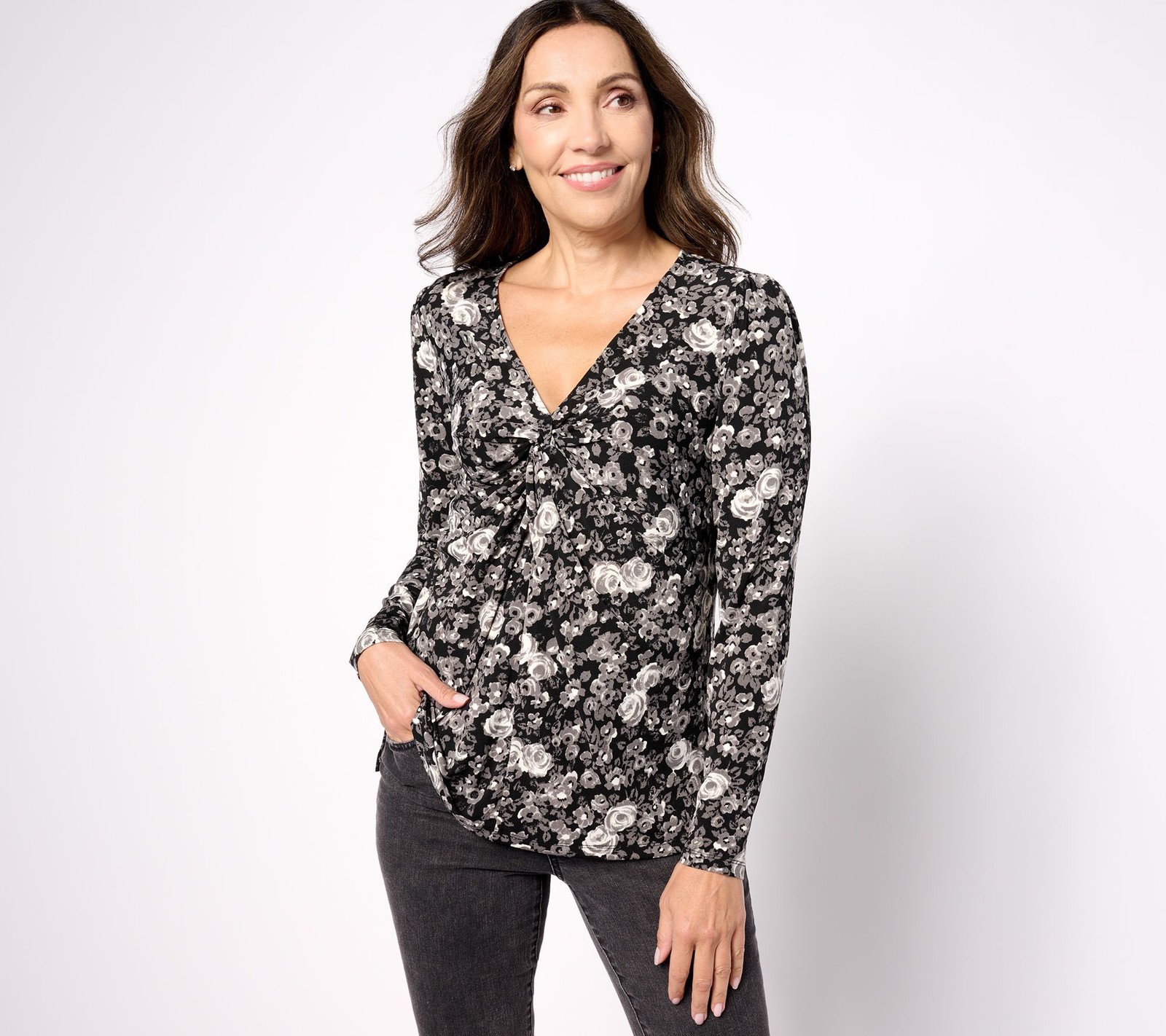 Isaac Mizrahi Live! Women's Top Sz M Printed Long-Sleeve Blk/Blue A628050