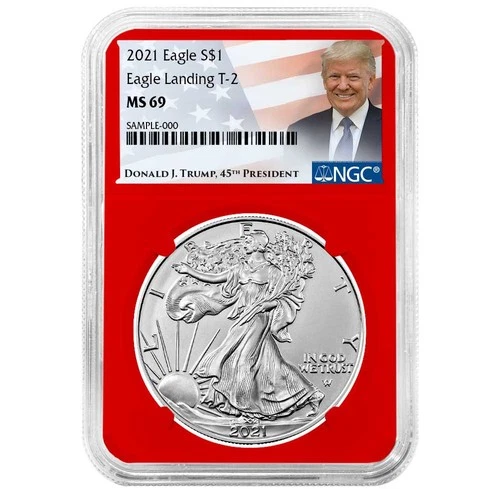 2021 $1 1-oz T-2 American Silver Eagle NGC MS69 Trump Label Red Core