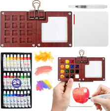 Mini Watercolor Travel Set - 24 Colors, Portable Wooden Palette, Brush  Sketchb