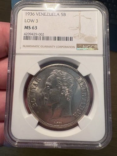 RARE HIGH-GRADE MS 63 LOW 3 NGC 1936 VENEZUELA 5 BOLIVARES SILVER BOLIVAR COIN