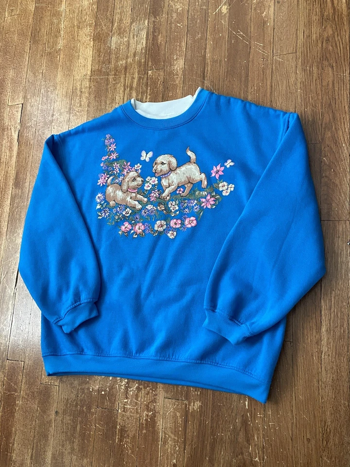 Vintage Y2K Cottagecore Cute Puppy Floral Blue Crewneck Sweatshirt Women’s Large - Image 3 of 4