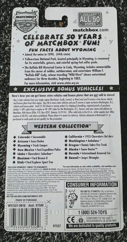 Matchbox 2001 Across America 50th Birthday Wyoming Truck Camper Fast Shipping - Image 2 of 2