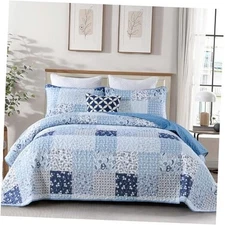  Quilt Set Boho Patchwork Bedspread Floral Coverlet Reversible Bed King Blue