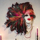 Mardi Gras Venetian Mask Sunflower Motif W/Irridescent Feathers Beads Hanging EC