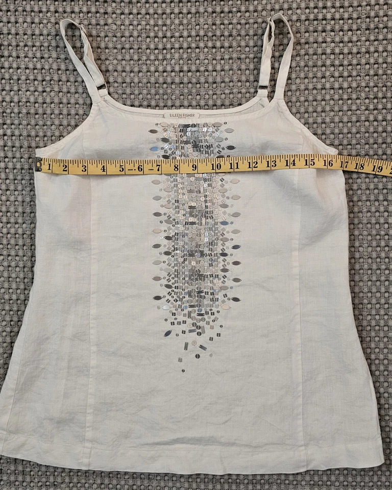 Camiseta sin mangas Eileen Fisher 100 % lino orgánico con cuentas boho crema Lagenlook S Petite  Foto 4 de 4