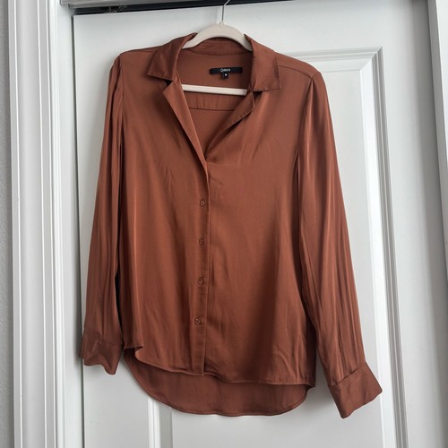 Quitte kupferbraun Stretch Seide Kerbkragen Bluse Gr. M Langarm Hemd