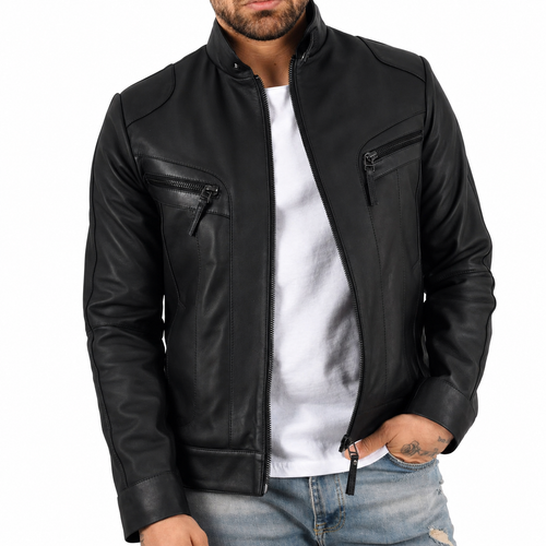 Men's Genuine Lambskin Leather Moto Jacket Black Stand Collar Biker Motorcycle - Afbeelding 3 van 6