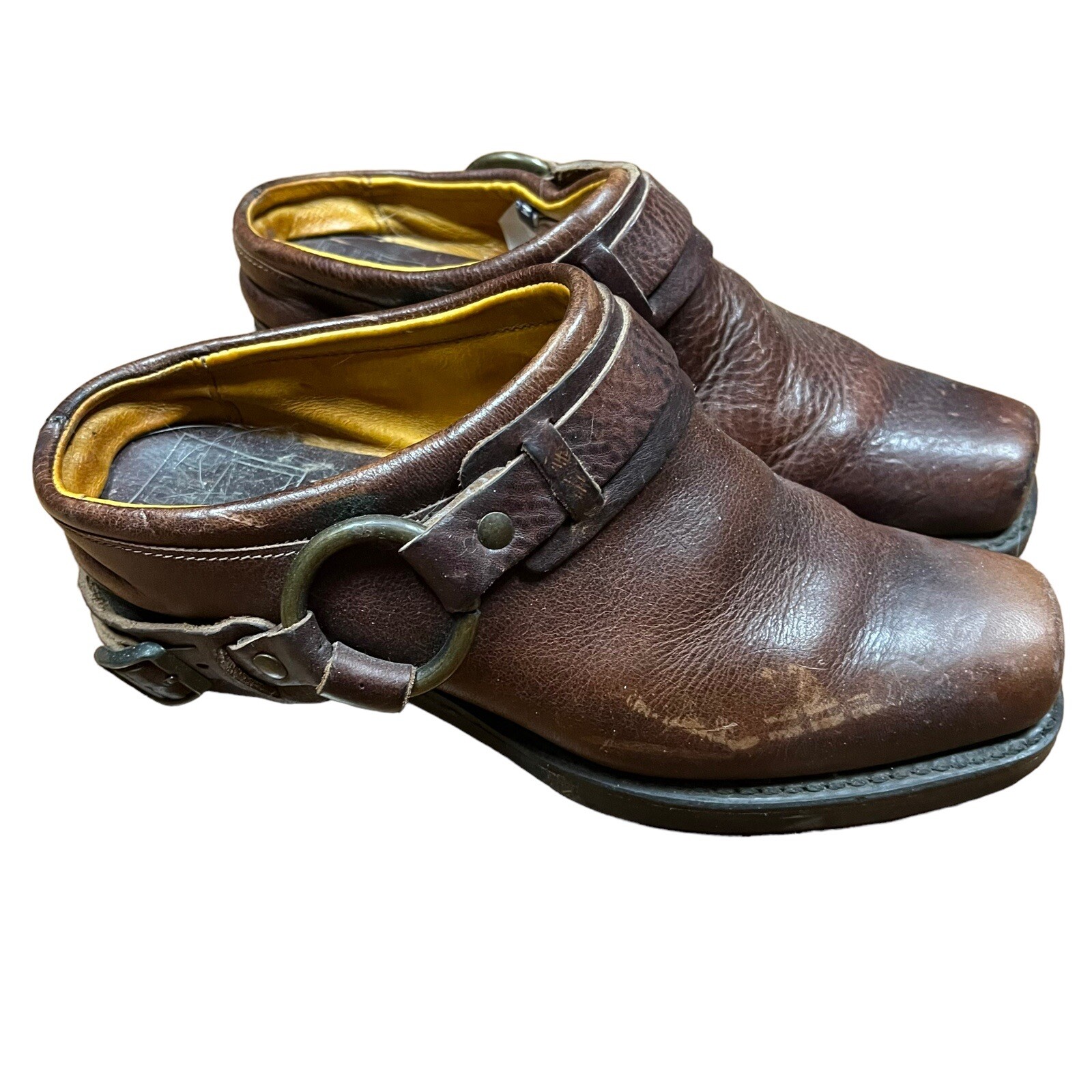 Frye Women's 6.5 M Brown Oiled Leather Belted Harness Western Biker Clogs-image