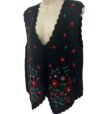 Vintage 90s Womens Knit Vest Size M Black Beaded Floral V Neck Erika