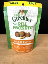 FELINE GREENIES PILL PIOCKETS CHICKEN CAT TREATS LARGER VALUE 3 OZ BAG 1/2026