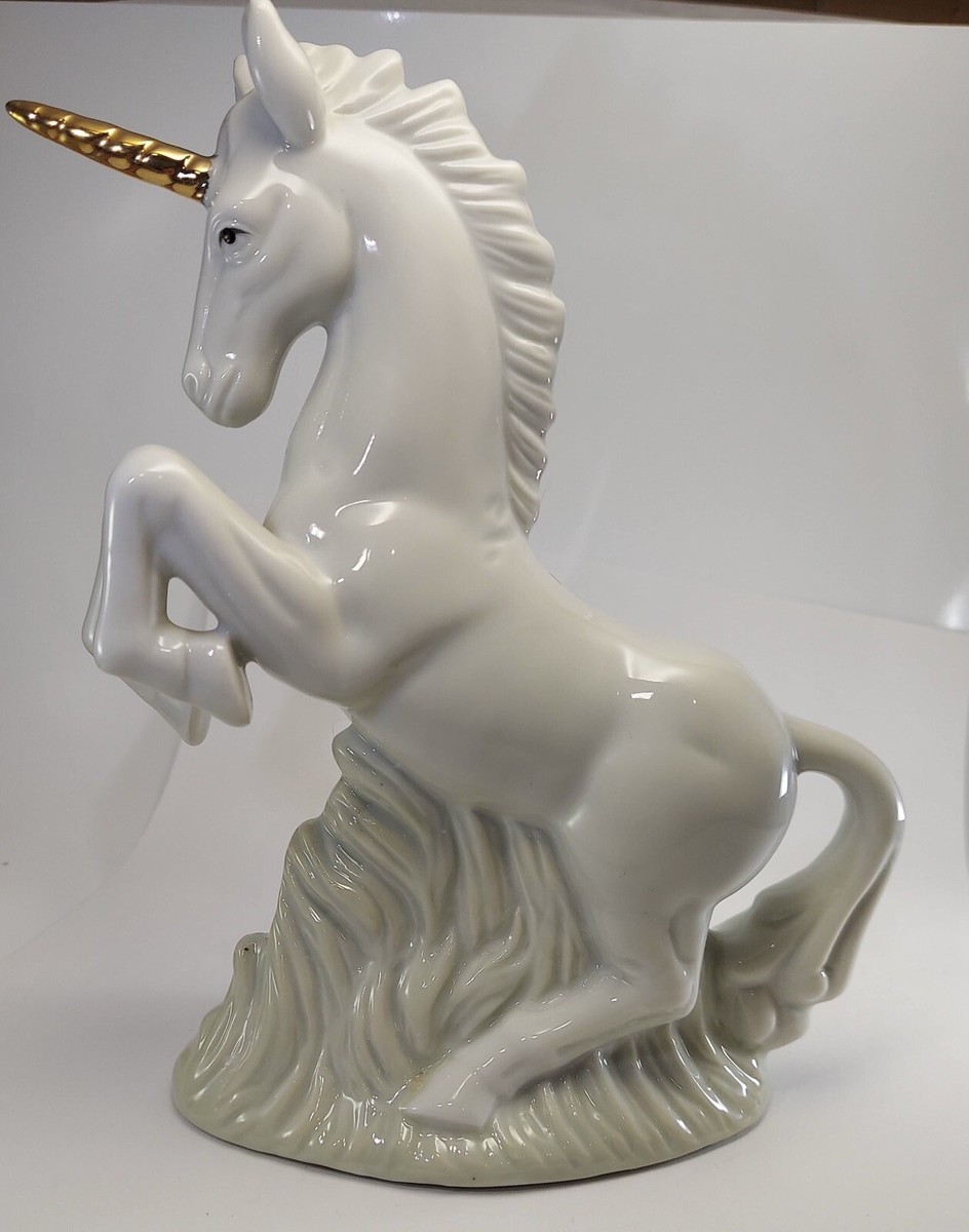 Vintage Porcelain Ceramic Unicorn Figurine White Glossly Gold Horn