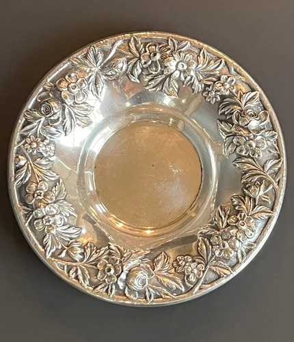 Antique S Kirk & Son Sterling Silver Hand Chased Repousse Bowl Raised Floral 6"