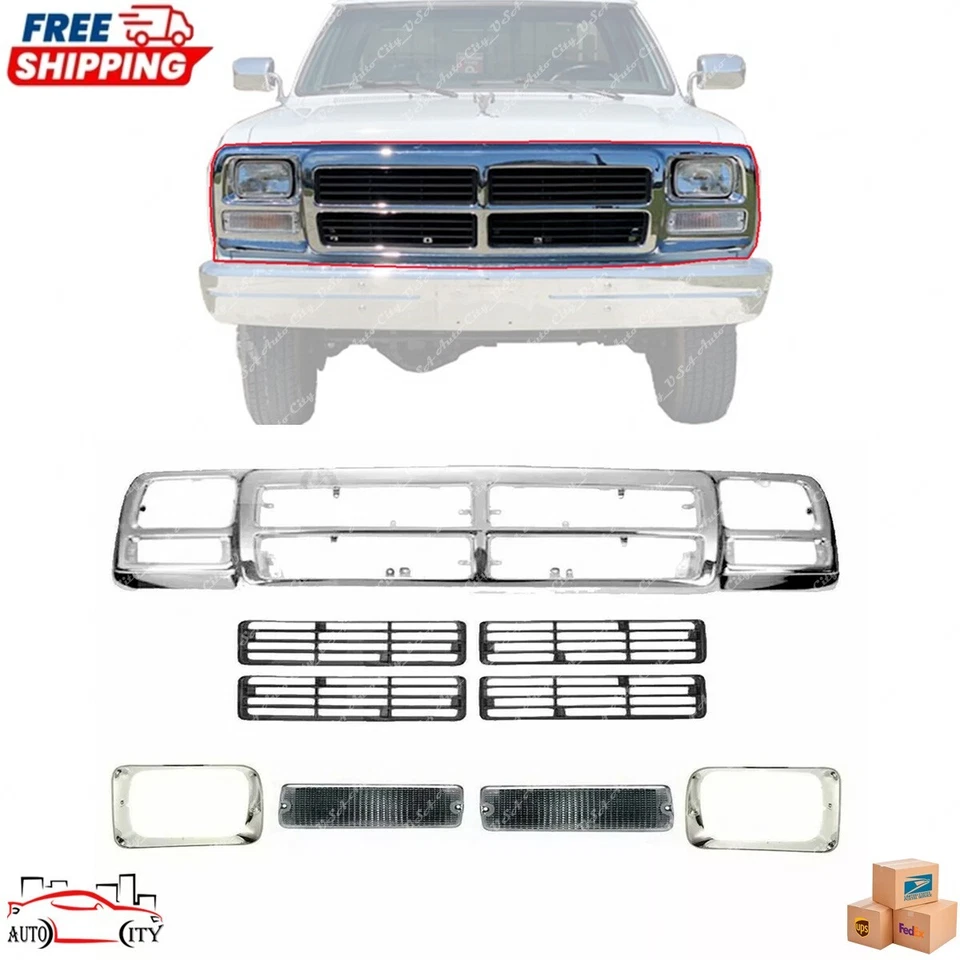 for 1991-1993 Dodge D150 Pickup Truck Front Grille Inserts Turn Signals Set of 9 Foto 2 de 4