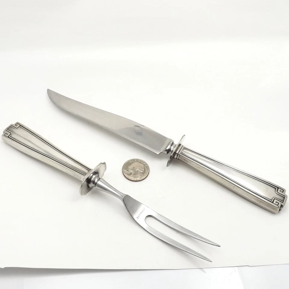 Gorham Plata de Ley Etrusca Griega Llave Tallada Juego Cuchillo Asado 2 Puntas Tenedor Foto 3 de 4