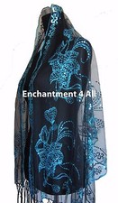 Elegant Oblong Lace Floral Art Scarf Wrap w/ Sequin Black/Blue