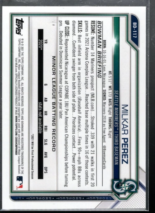 A9782- 2021 Bowman Draft Aqua #BD117 Milkar Perez /199 - NM-MT - Image 2 of 2