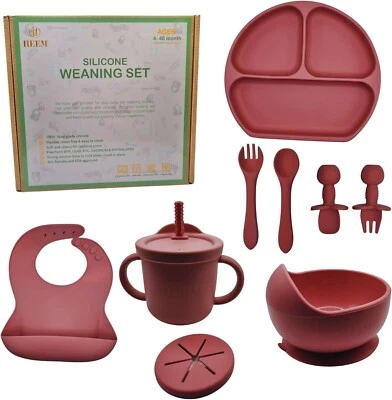 HEEM 10pc BABY FEEDING SET - SILICONE SUCTION PLATE BOWL WEANING SET - DARK PINK