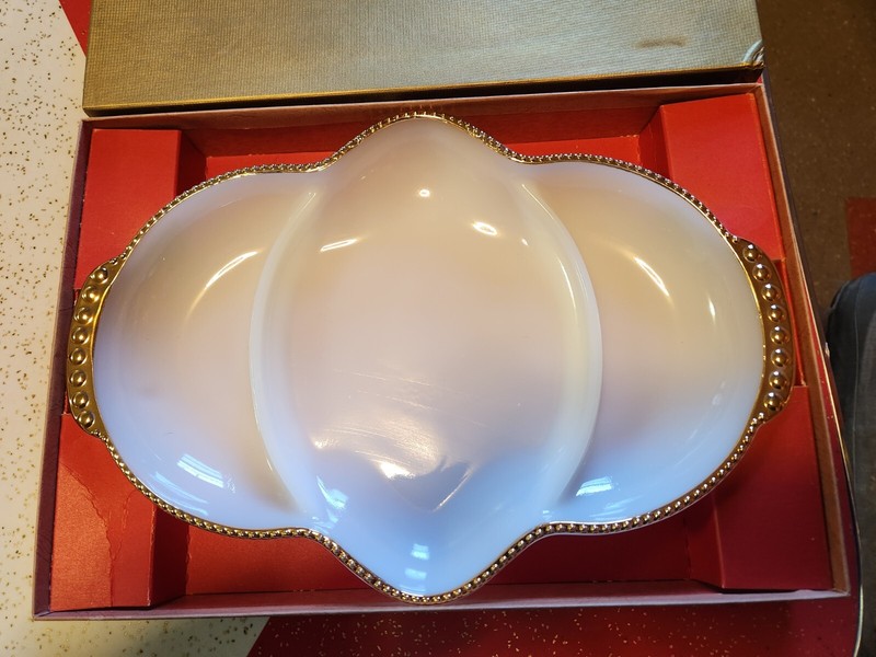 VTG NOS Fire King White Milk Glass Gold Rim Divided 3 Part Dish USA New In Box 