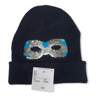 Zara Kids Beanie Mütze Unisex Navy mit Pailletten Detail Navy Silber Blau