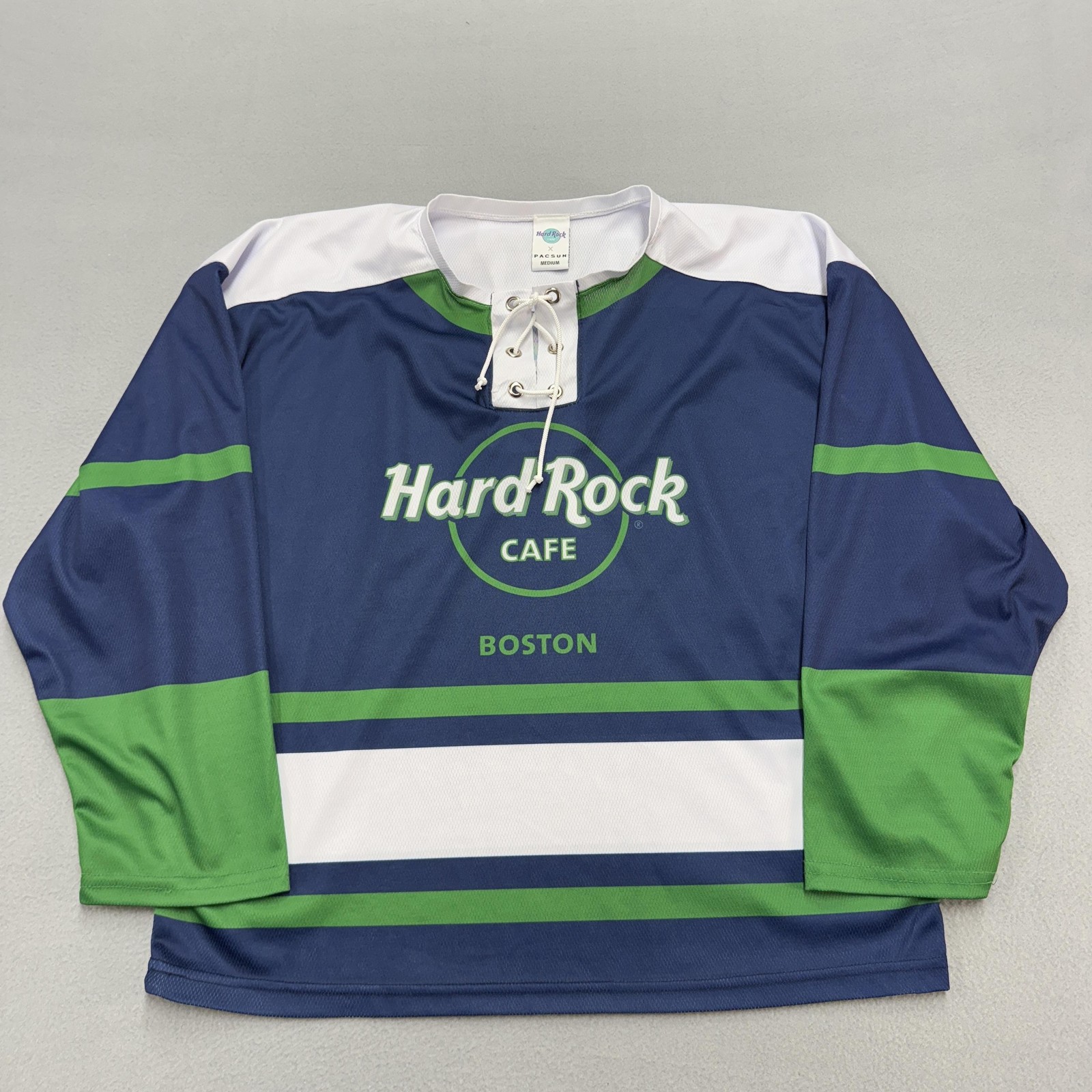 Hard Rock Cafe X PacSun Shirt Mens Medium Blue Hockey Jersey Boston Long Sleeve
