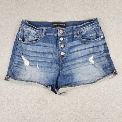 Express Denim Shorts Women 12 Blue High Rise Button Fly Distressed Raw Hem