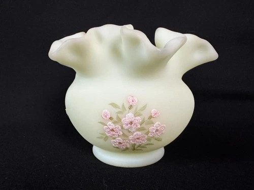 FENTON Satin Glass Rose Bowl Vase Ruffled Edge Hand Painted Floral Signed